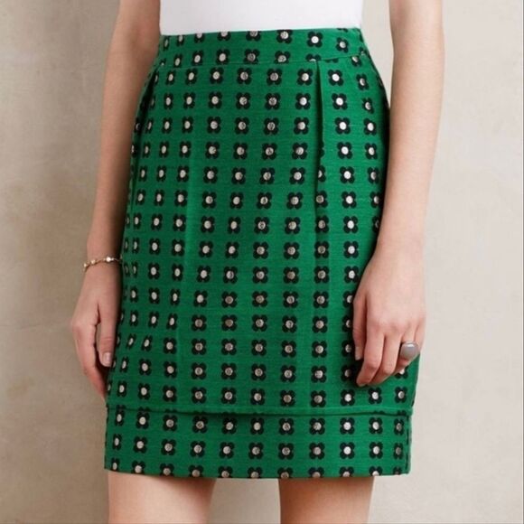 Anthropologie HD Paris Green Floral Mini Skirt Size 4‎ Retro Twee Career - Picture 8 of 14